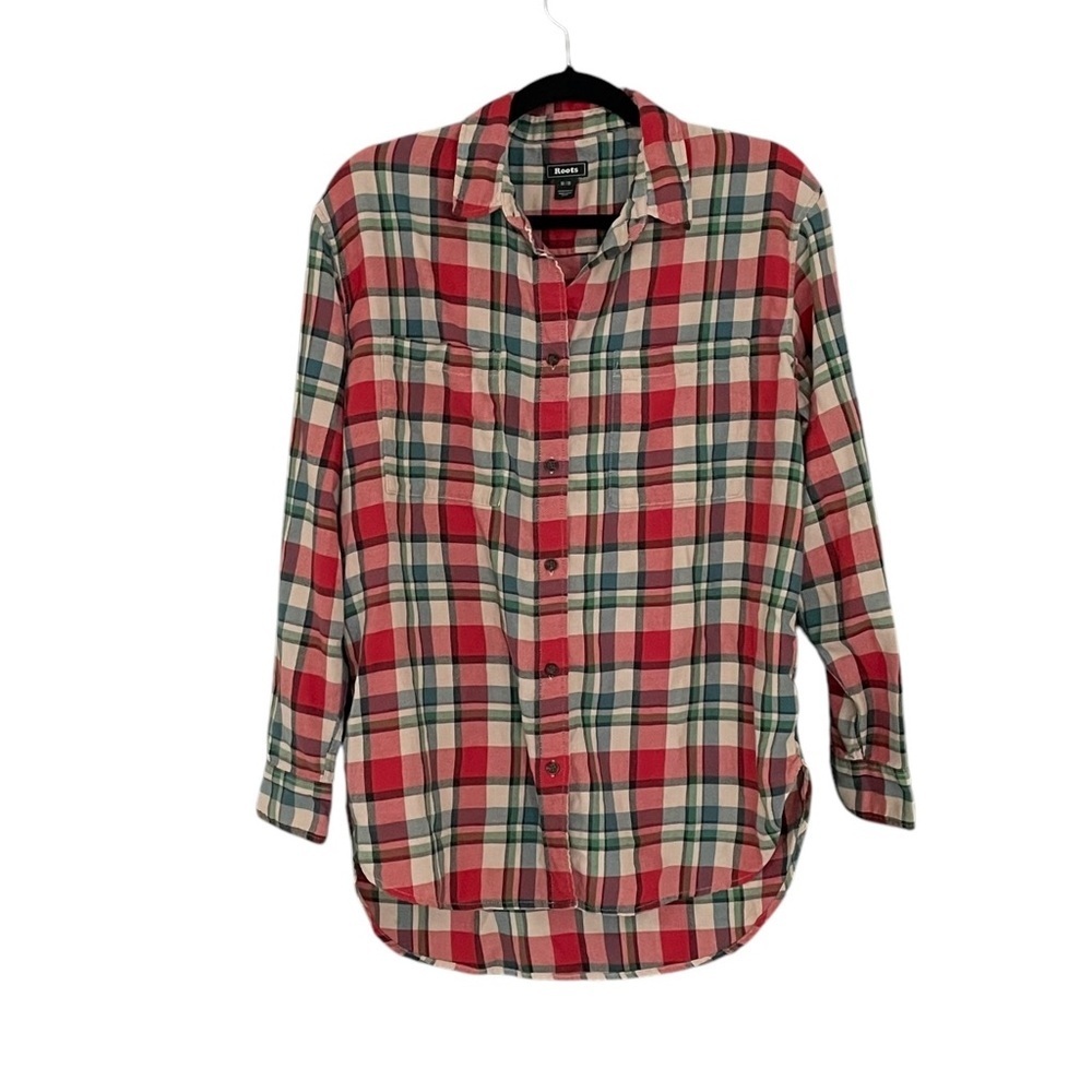 ROOTS Men’s Cotton Plaid Button Front Long Sleeve Casual Shirt Tan Ted Green M